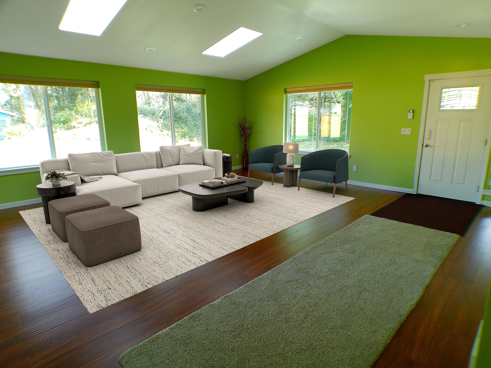Bright, open-plan living room offers ample relaxation space, with options to mount a TV or connect a ceiling-mounted projector. For a cozy feel, windows come with premium pleated shades for privacy and insulation. (Virtually Staged)