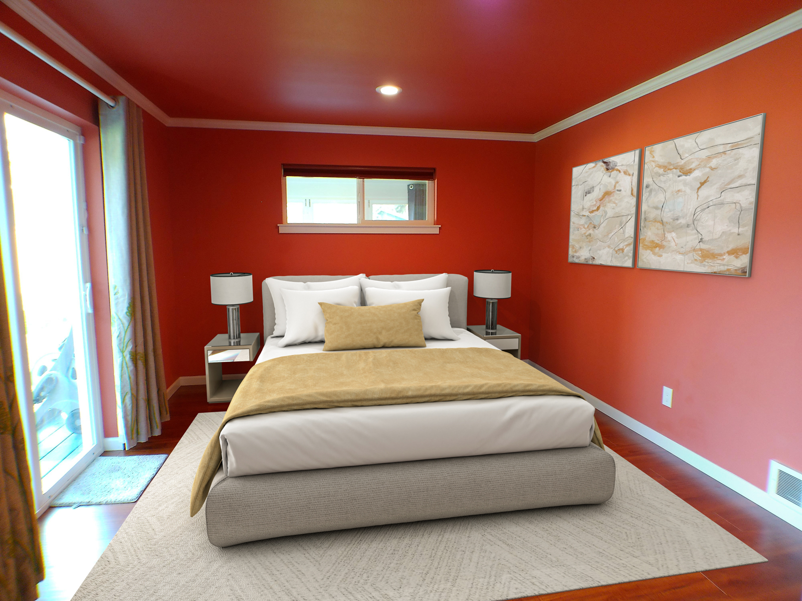 The master bedroom comfortably fits a king bed with ample space for dressers and nightstands. A private door opens directly to the back deck for convenient access to the hot tub. (Virtually Staged)