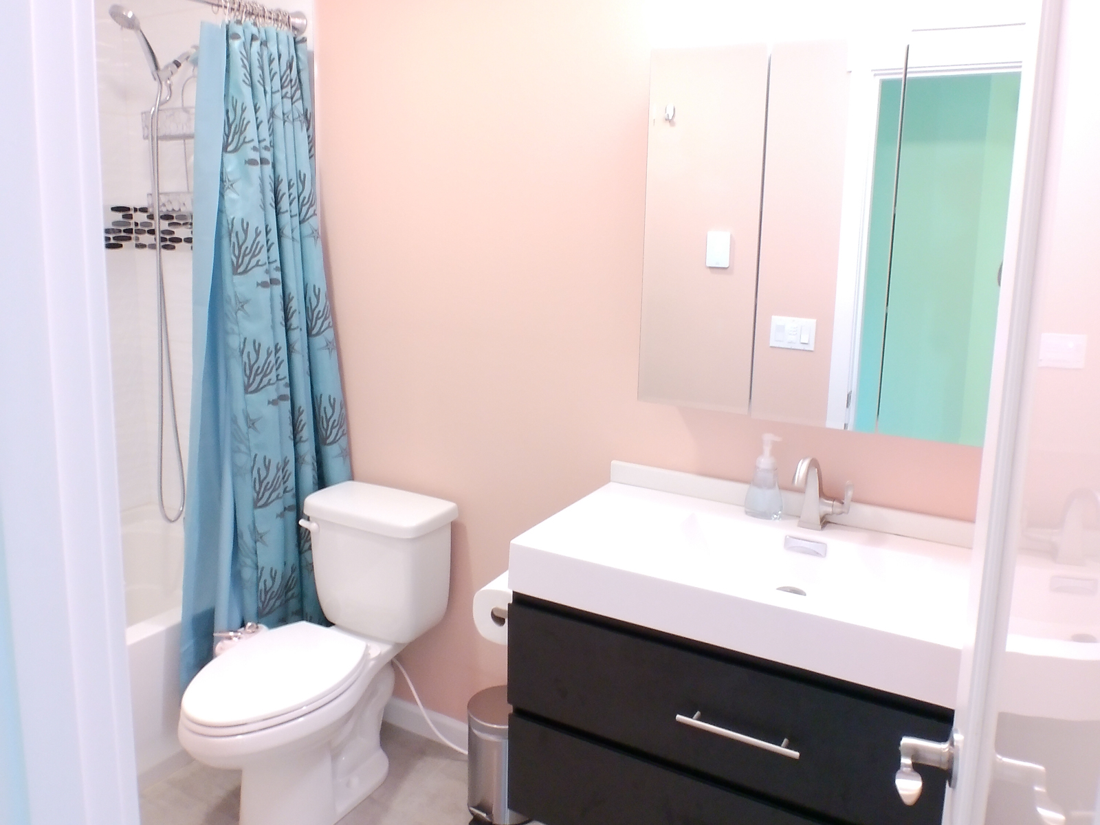 The second bathroom features a full tub and shower, with the same modern vanity and mirror style.