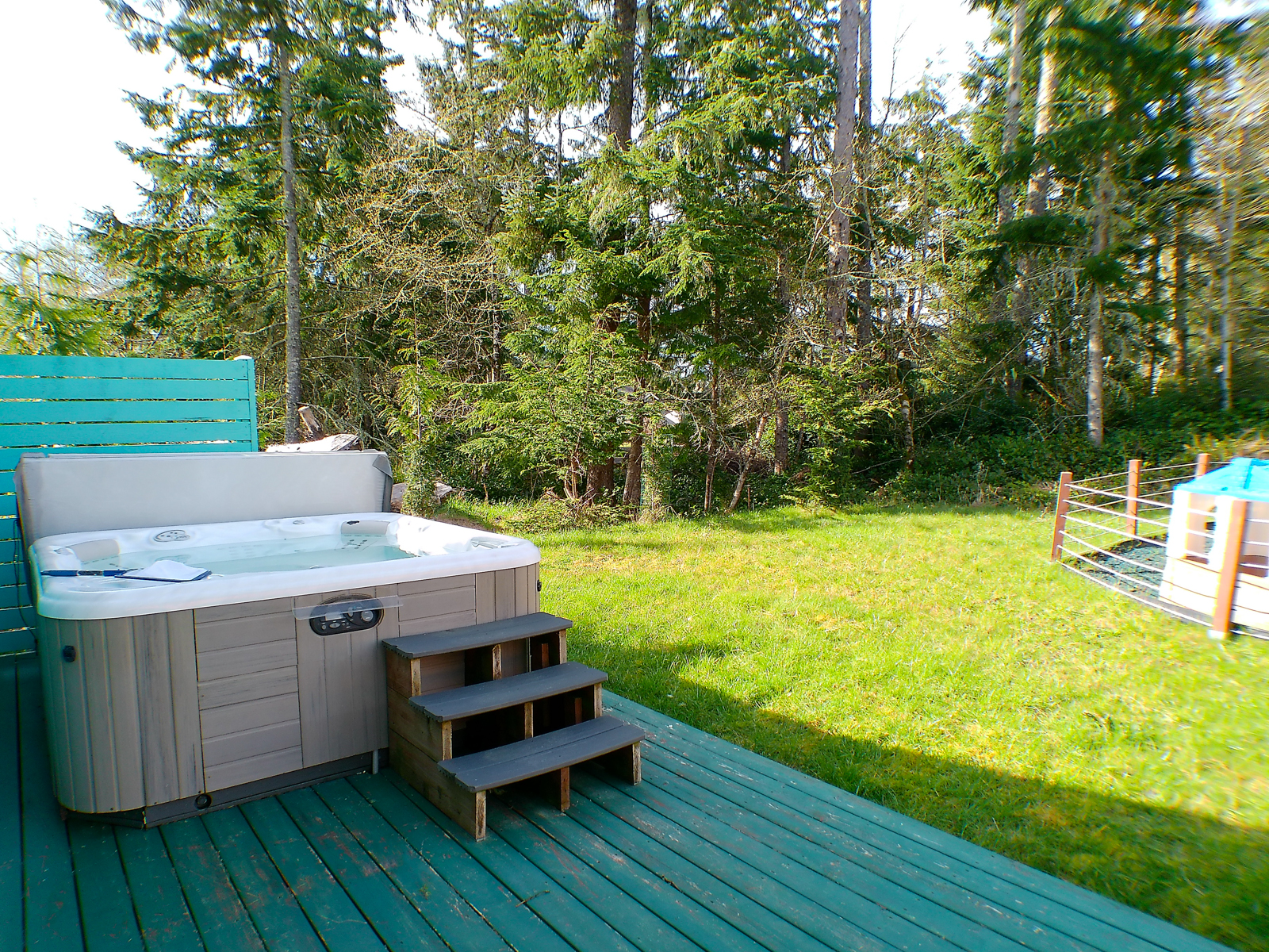The hot tub is a Hot Spring Vanguard, installed on a permitted circuit with a smart programmable switch — just tell Alexa: "Turn on hot tub at 6 pm." The retractable awning keeps the rain off on cold evenings, though that's exactly when the soaking is best.